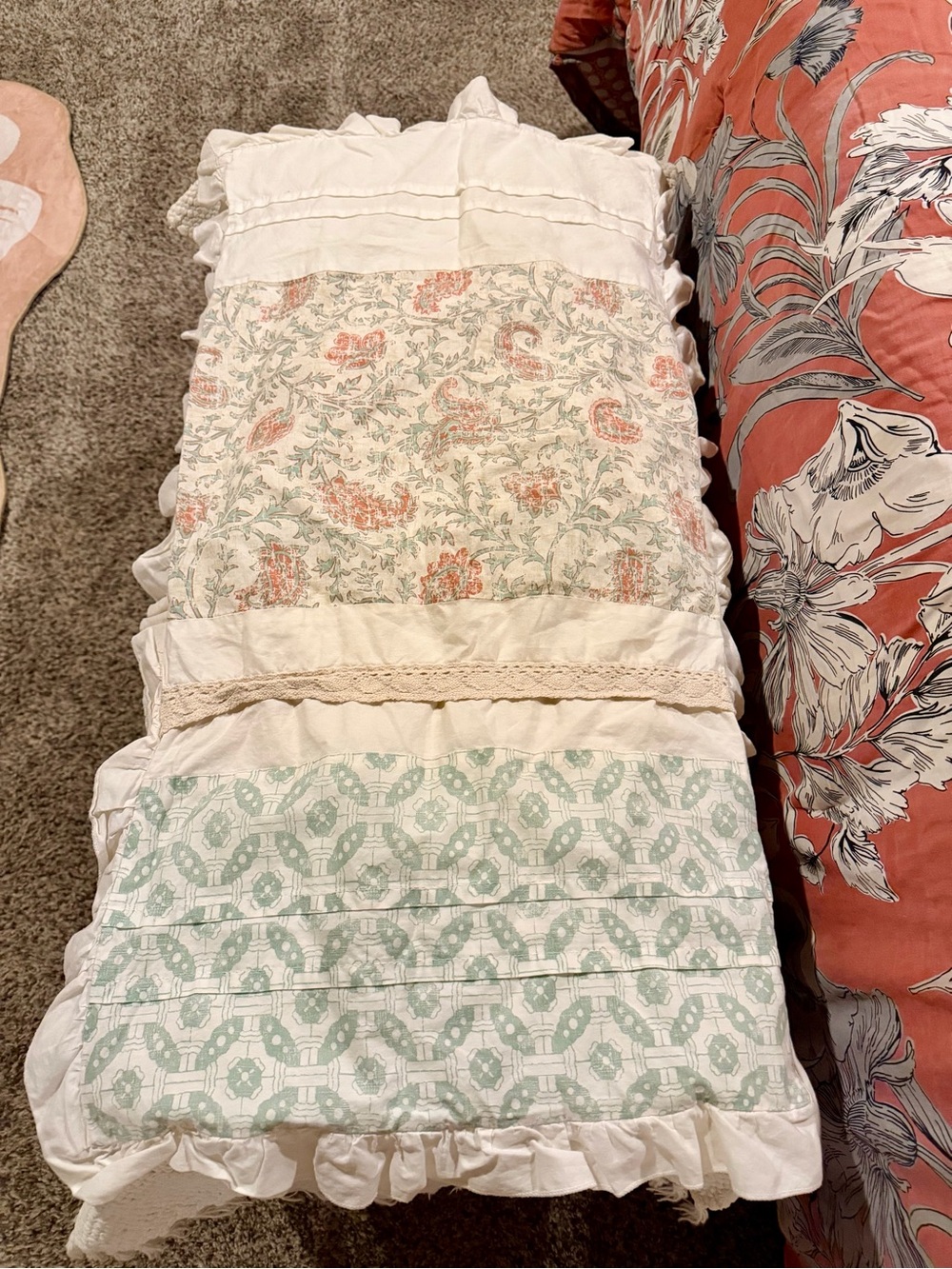 Madison Park White, Coral & Sage Patchwork King Shams with Ruffle Trim